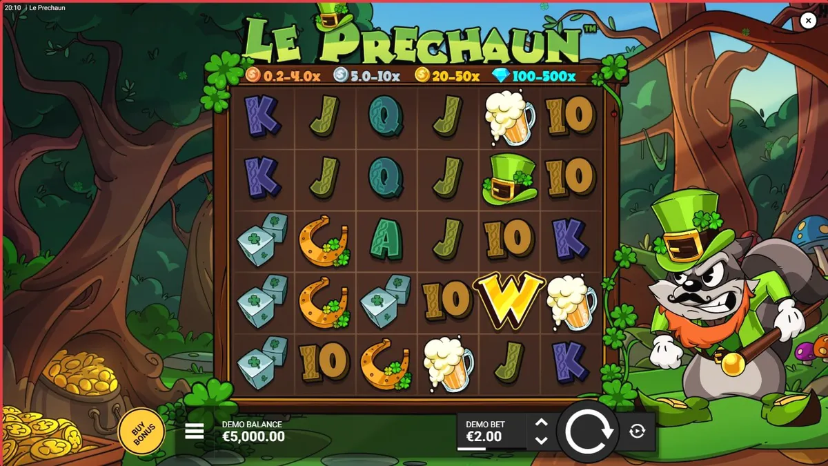 Le Prechaun slot com tema de guaxinim irlandês e grade de jogo